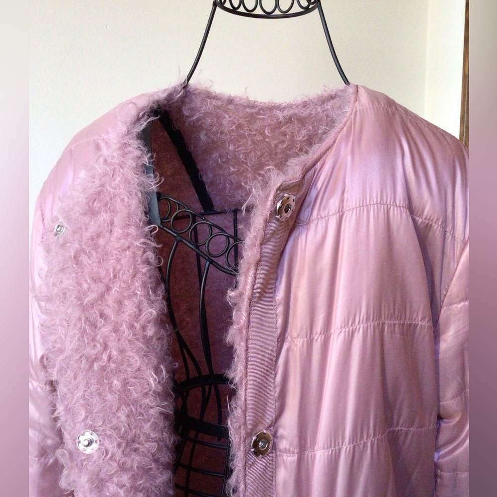 Via Spiga Reversible Curly Fun Fur Car Coat, Small, Dusky pink - Picture 5 of 10